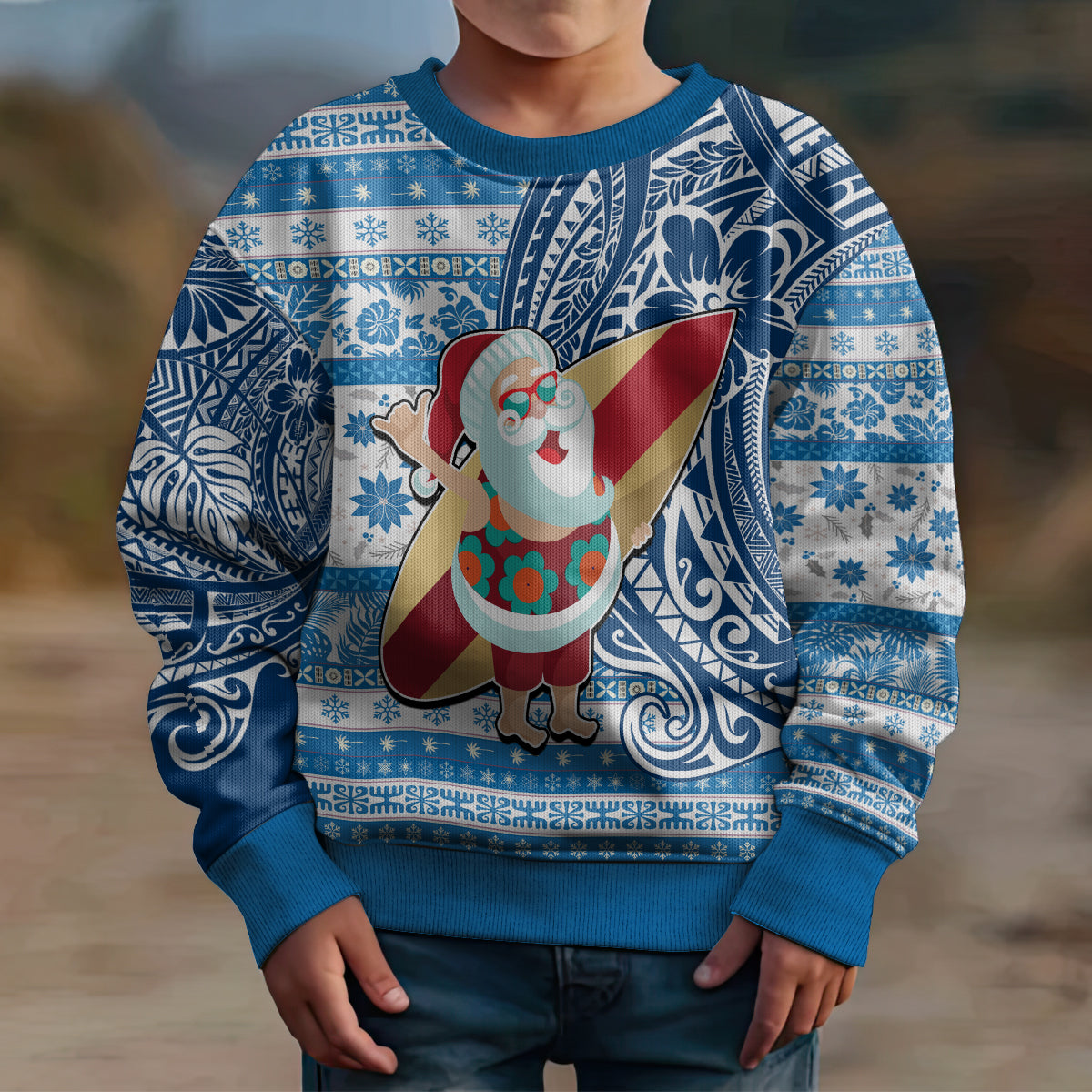 Custom Hawaii Mele Kalikimaka Kid Ugly Christmas Sweater Santa Claus Surfing with Hawaiian Pattern Striped Blue Style LT03 - Polynesian Pride