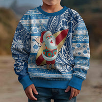 Custom Hawaii Mele Kalikimaka Kid Ugly Christmas Sweater Santa Claus Surfing with Hawaiian Pattern Striped Blue Style LT03 - Polynesian Pride