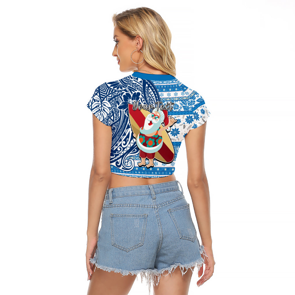 Custom Hawaii Mele Kalikimaka Raglan Cropped T Shirt Santa Claus Surfing with Hawaiian Pattern Striped Blue Style LT03 - Polynesian Pride