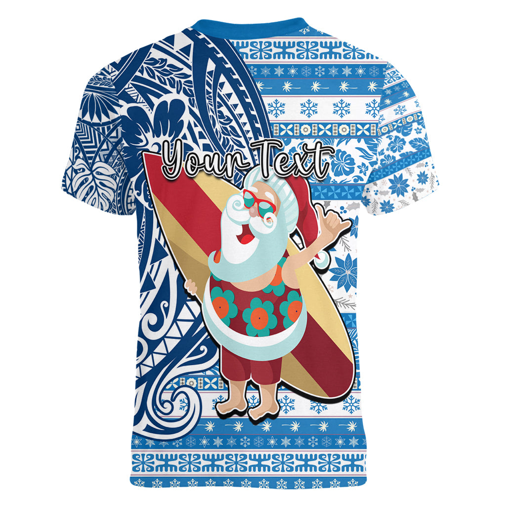 Custom Hawaii Mele Kalikimaka Women V Neck T Shirt Santa Claus Surfing with Hawaiian Pattern Striped Blue Style LT03 - Polynesian Pride