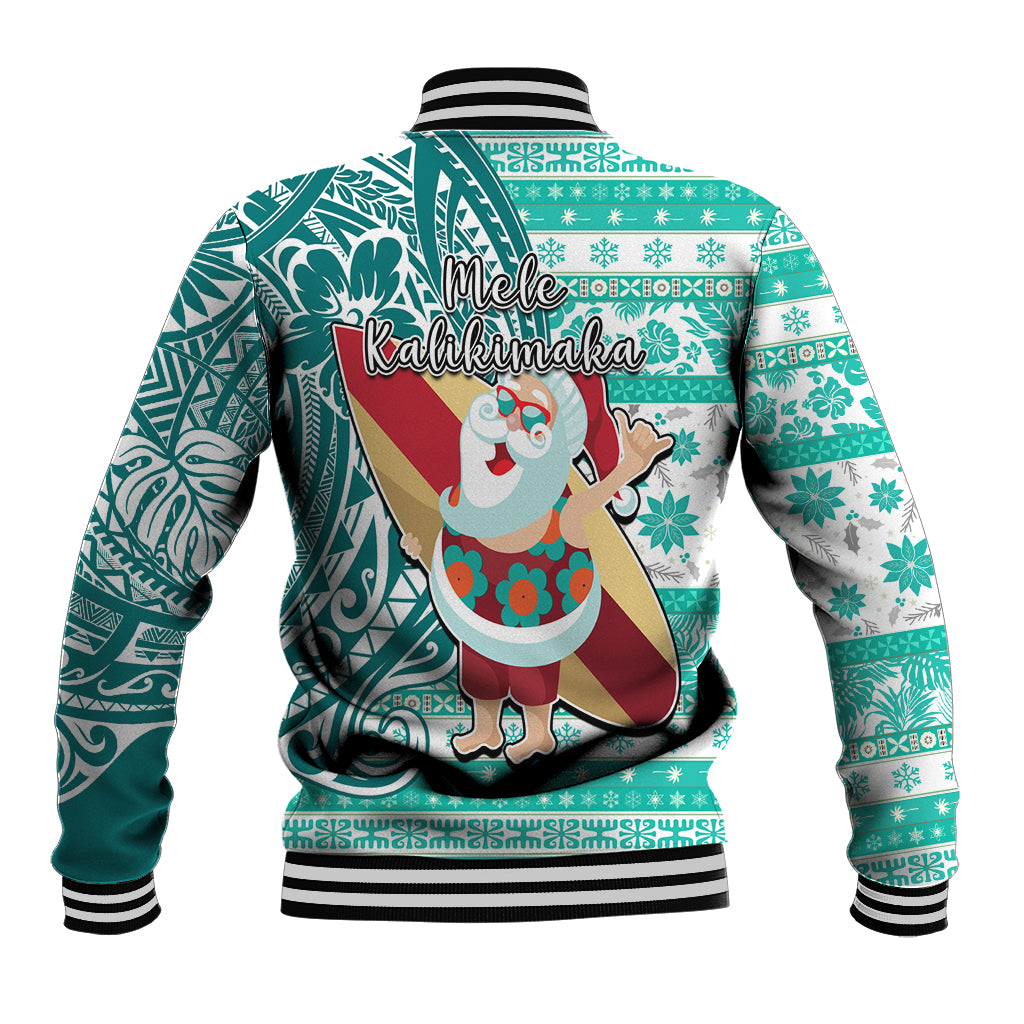Hawaii Mele Kalikimaka Baseball Jacket Santa Claus Surfing with Hawaiian Pattern Striped Turquoise Style LT03 - Polynesian Pride