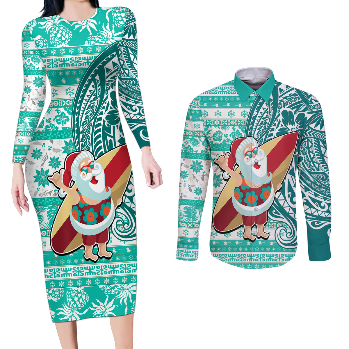 Hawaii Mele Kalikimaka Couples Matching Long Sleeve Bodycon Dress and Long Sleeve Button Shirt Santa Claus Surfing with Hawaiian Pattern Striped Turquoise Style LT03 Turquoise - Polynesian Pride