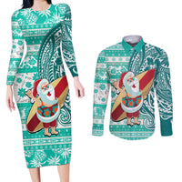 Hawaii Mele Kalikimaka Couples Matching Long Sleeve Bodycon Dress and Long Sleeve Button Shirt Santa Claus Surfing with Hawaiian Pattern Striped Turquoise Style LT03 Turquoise - Polynesian Pride