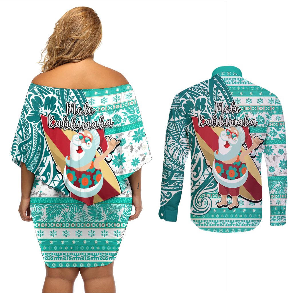 Hawaii Mele Kalikimaka Couples Matching Off Shoulder Short Dress and Long Sleeve Button Shirt Santa Claus Surfing with Hawaiian Pattern Striped Turquoise Style LT03 - Polynesian Pride