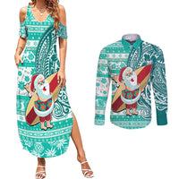 Hawaii Mele Kalikimaka Couples Matching Summer Maxi Dress and Long Sleeve Button Shirt Santa Claus Surfing with Hawaiian Pattern Striped Turquoise Style LT03 Turquoise - Polynesian Pride