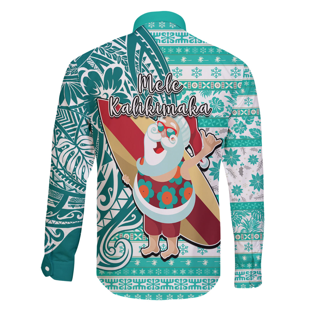 Hawaii Mele Kalikimaka Family Matching Long Sleeve Bodycon Dress and Hawaiian Shirt Santa Claus Surfing with Hawaiian Pattern Striped Turquoise Style LT03 - Polynesian Pride