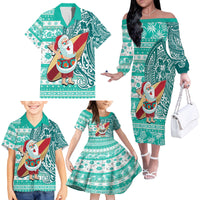 Hawaii Mele Kalikimaka Family Matching Off Shoulder Long Sleeve Dress and Hawaiian Shirt Santa Claus Surfing with Hawaiian Pattern Striped Turquoise Style LT03 - Polynesian Pride