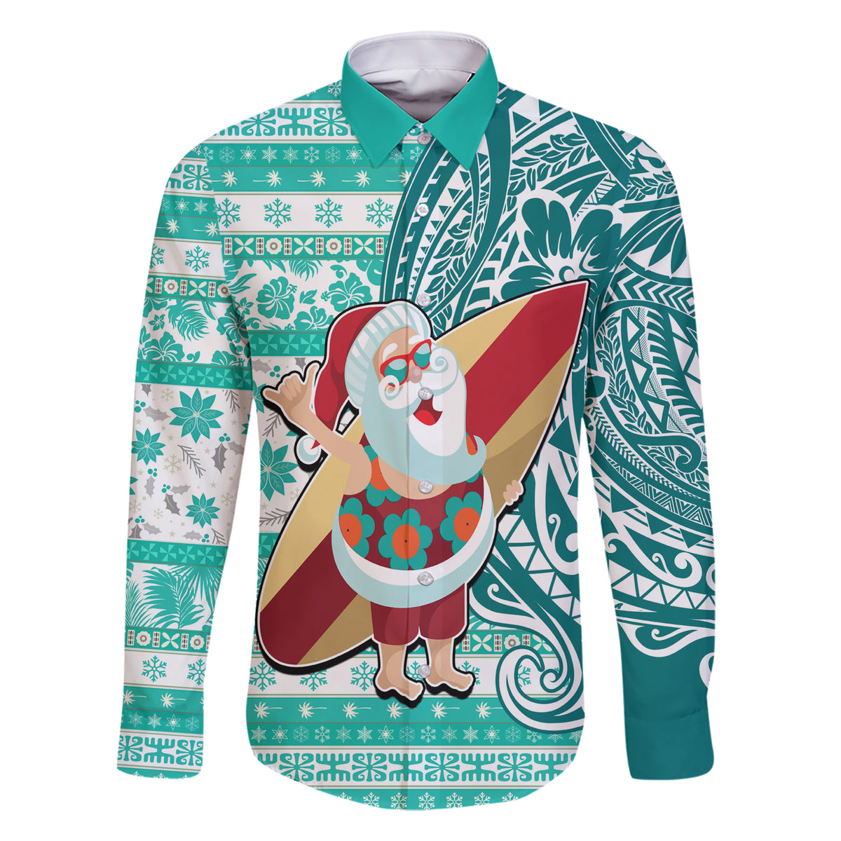 Hawaii Mele Kalikimaka Family Matching Short Sleeve Bodycon Dress and Hawaiian Shirt Santa Claus Surfing with Hawaiian Pattern Striped Turquoise Style LT03 Dad's Shirt - Long Sleeve Turquoise - Polynesian Pride