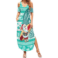 Hawaii Mele Kalikimaka Family Matching Summer Maxi Dress and Hawaiian Shirt Santa Claus Surfing with Hawaiian Pattern Striped Turquoise Style LT03 Mom's Dress Turquoise - Polynesian Pride
