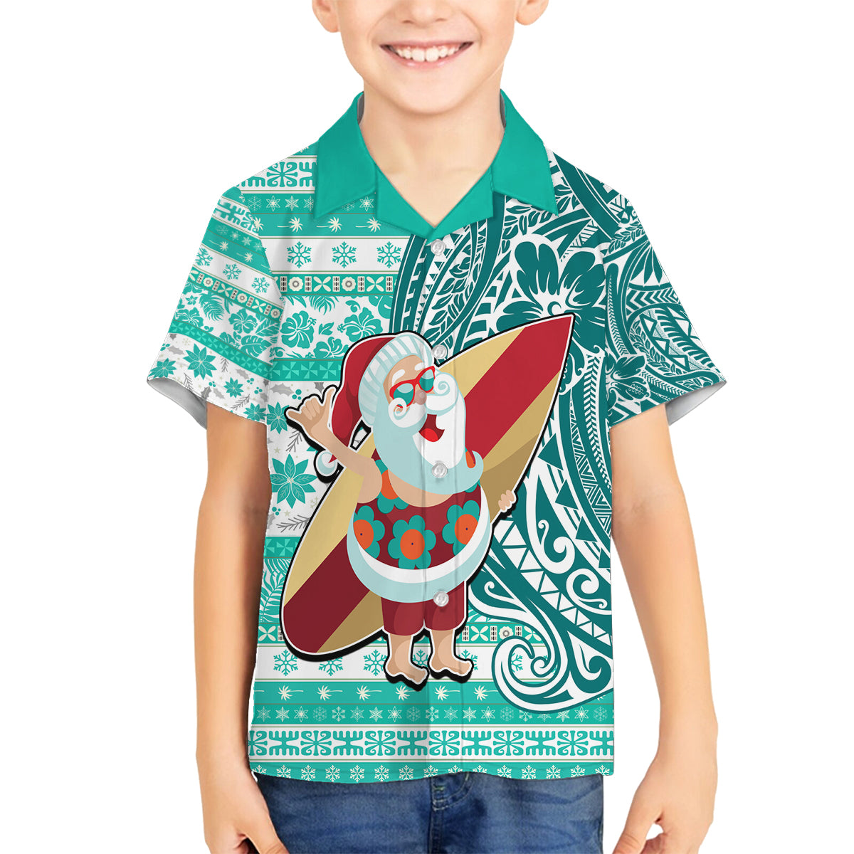 Hawaii Mele Kalikimaka Family Matching Summer Maxi Dress and Hawaiian Shirt Santa Claus Surfing with Hawaiian Pattern Striped Turquoise Style LT03 Son's Shirt Turquoise - Polynesian Pride