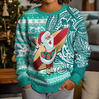 Hawaii Mele Kalikimaka Kid Ugly Christmas Sweater Santa Claus Surfing with Hawaiian Pattern Striped Turquoise Style LT03 - Polynesian Pride