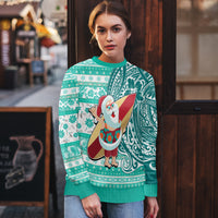 Hawaii Mele Kalikimaka Ugly Christmas Sweater Santa Claus Surfing with Hawaiian Pattern Striped Turquoise Style LT03 - Polynesian Pride