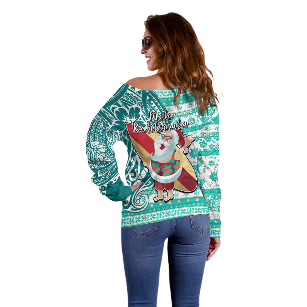 Hawaii Mele Kalikimaka Off Shoulder Sweater Santa Claus Surfing with Hawaiian Pattern Striped Turquoise Style LT03 - Polynesian Pride