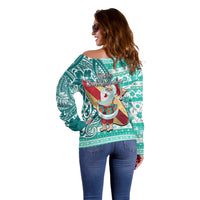 Hawaii Mele Kalikimaka Off Shoulder Sweater Santa Claus Surfing with Hawaiian Pattern Striped Turquoise Style LT03 - Polynesian Pride