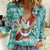 Hawaii Mele Kalikimaka Women Casual Shirt Santa Claus Surfing with Hawaiian Pattern Striped Turquoise Style LT03 Female Turquoise - Polynesian Pride