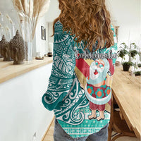 Hawaii Mele Kalikimaka Women Casual Shirt Santa Claus Surfing with Hawaiian Pattern Striped Turquoise Style LT03 - Polynesian Pride