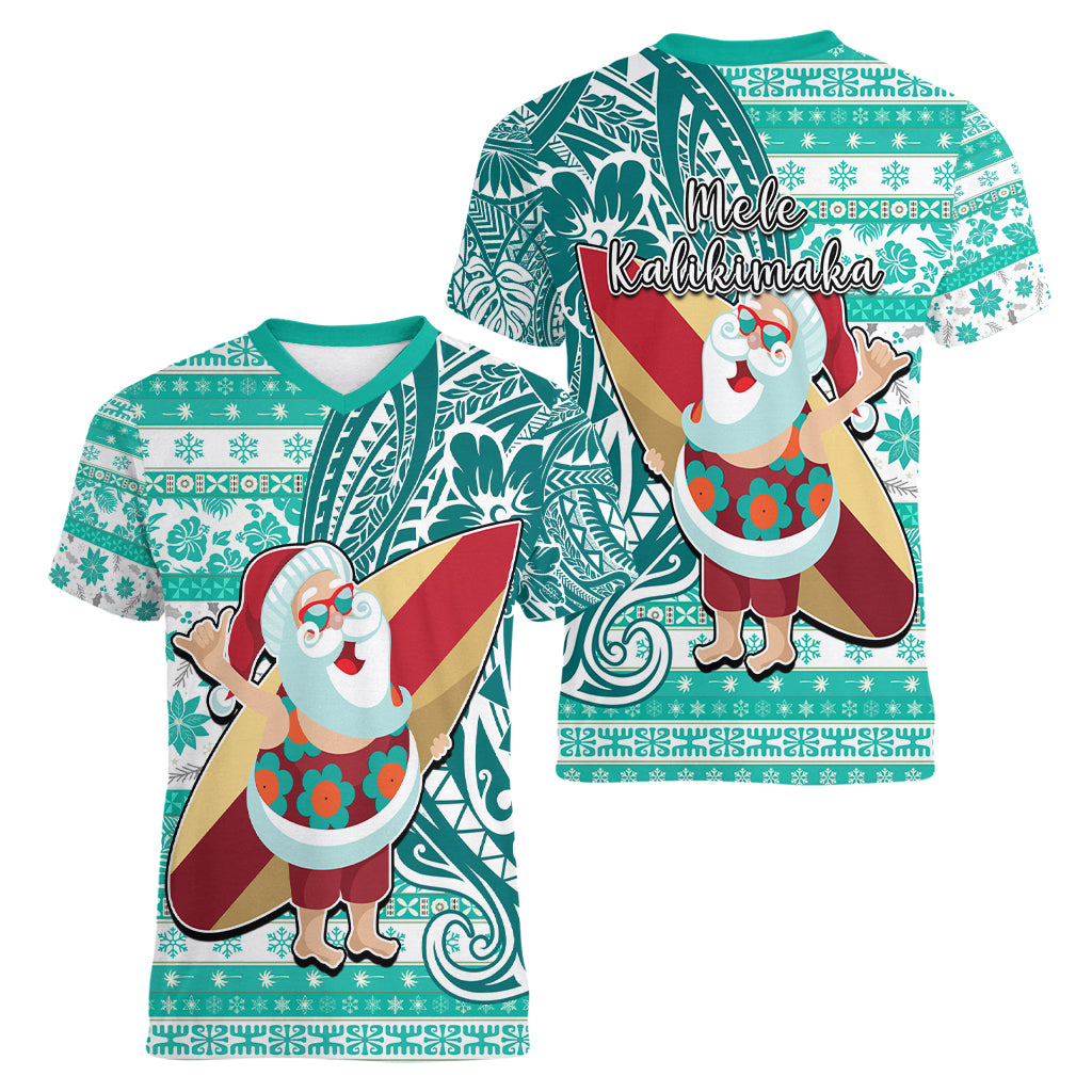 Hawaii Mele Kalikimaka Women V Neck T Shirt Santa Claus Surfing with Hawaiian Pattern Striped Turquoise Style LT03 - Polynesian Pride