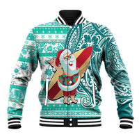 Custom Hawaii Mele Kalikimaka Baseball Jacket Santa Claus Surfing with Hawaiian Pattern Striped Turquoise Style LT03 Unisex Turquoise - Polynesian Pride