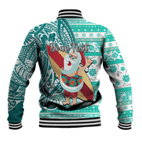 Custom Hawaii Mele Kalikimaka Baseball Jacket Santa Claus Surfing with Hawaiian Pattern Striped Turquoise Style LT03 - Polynesian Pride