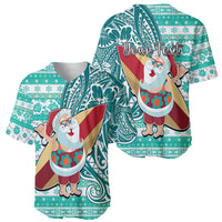 Custom Hawaii Mele Kalikimaka Baseball Jersey Santa Claus Surfing with Hawaiian Pattern Striped Turquoise Style LT03 - Polynesian Pride