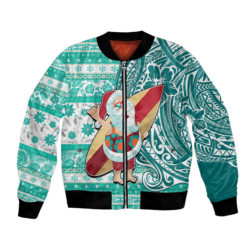 Custom Hawaii Mele Kalikimaka Bomber Jacket Santa Claus Surfing with Hawaiian Pattern Striped Turquoise Style LT03 Unisex Turquoise - Polynesian Pride