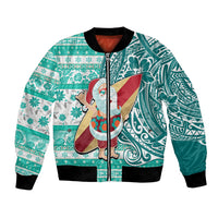 Custom Hawaii Mele Kalikimaka Bomber Jacket Santa Claus Surfing with Hawaiian Pattern Striped Turquoise Style LT03 Unisex Turquoise - Polynesian Pride