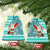 Custom Hawaii Mele Kalikimaka Ceramic Ornament Santa Claus Surfing with Hawaiian Pattern Striped Turquoise Style LT03 Bell Flake Turquoise - Polynesian Pride