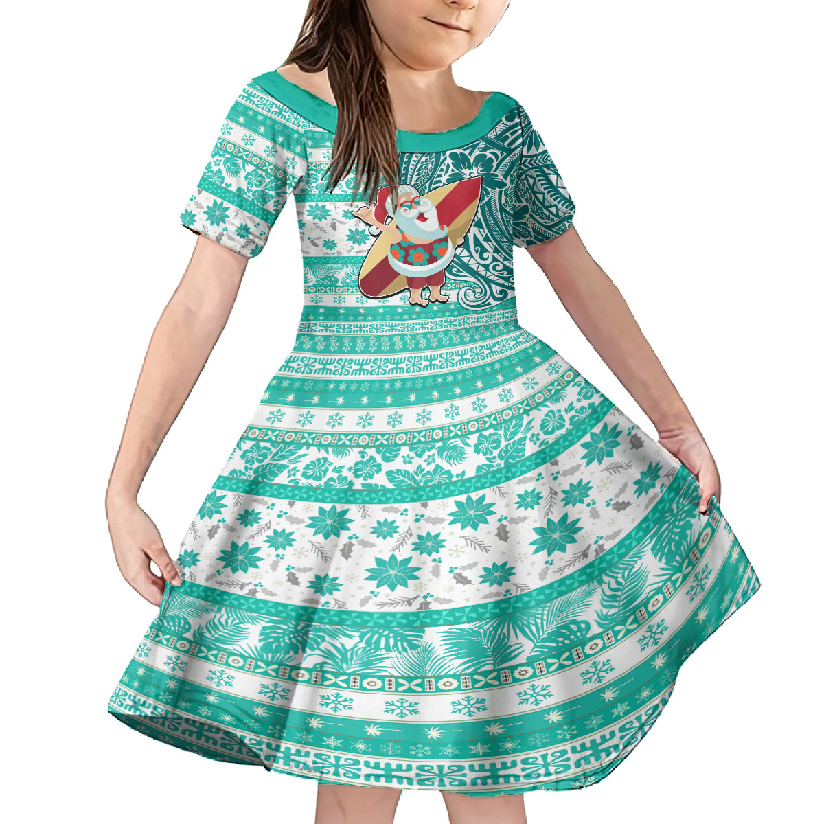 Custom Hawaii Mele Kalikimaka Family Matching Long Sleeve Bodycon Dress and Hawaiian Shirt Santa Claus Surfing with Hawaiian Pattern Striped Turquoise Style LT03 Daughter's Dress Turquoise - Polynesian Pride