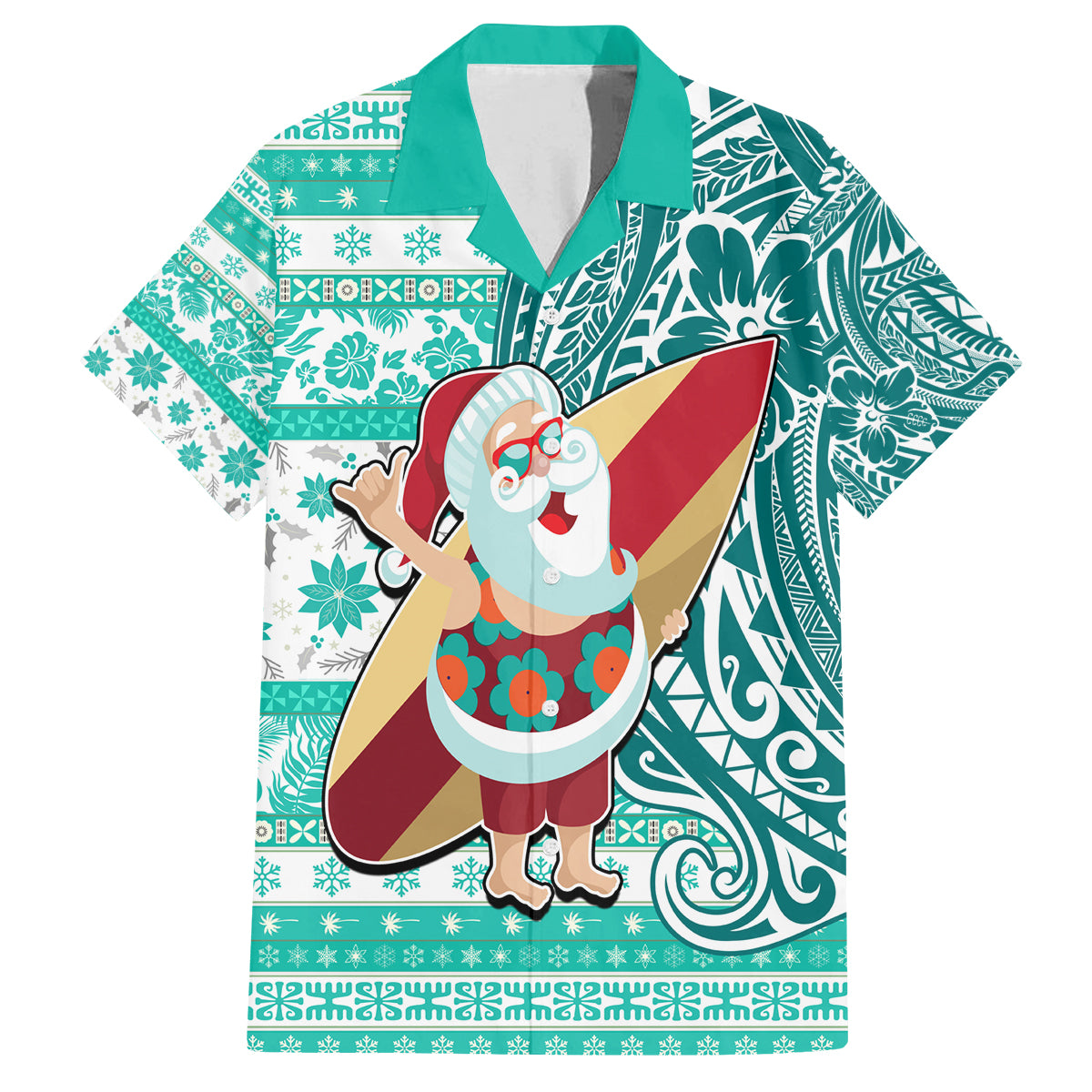 Custom Hawaii Mele Kalikimaka Family Matching Off Shoulder Long Sleeve Dress and Hawaiian Shirt Santa Claus Surfing with Hawaiian Pattern Striped Turquoise Style LT03 Dad's Shirt - Short Sleeve Turquoise - Polynesian Pride
