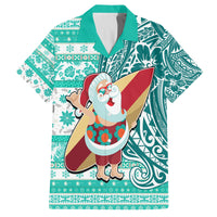 Custom Hawaii Mele Kalikimaka Family Matching Off Shoulder Long Sleeve Dress and Hawaiian Shirt Santa Claus Surfing with Hawaiian Pattern Striped Turquoise Style LT03 Dad's Shirt - Short Sleeve Turquoise - Polynesian Pride