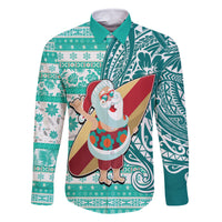 Custom Hawaii Mele Kalikimaka Family Matching Summer Maxi Dress and Hawaiian Shirt Santa Claus Surfing with Hawaiian Pattern Striped Turquoise Style LT03 Dad's Shirt - Long Sleeve Turquoise - Polynesian Pride