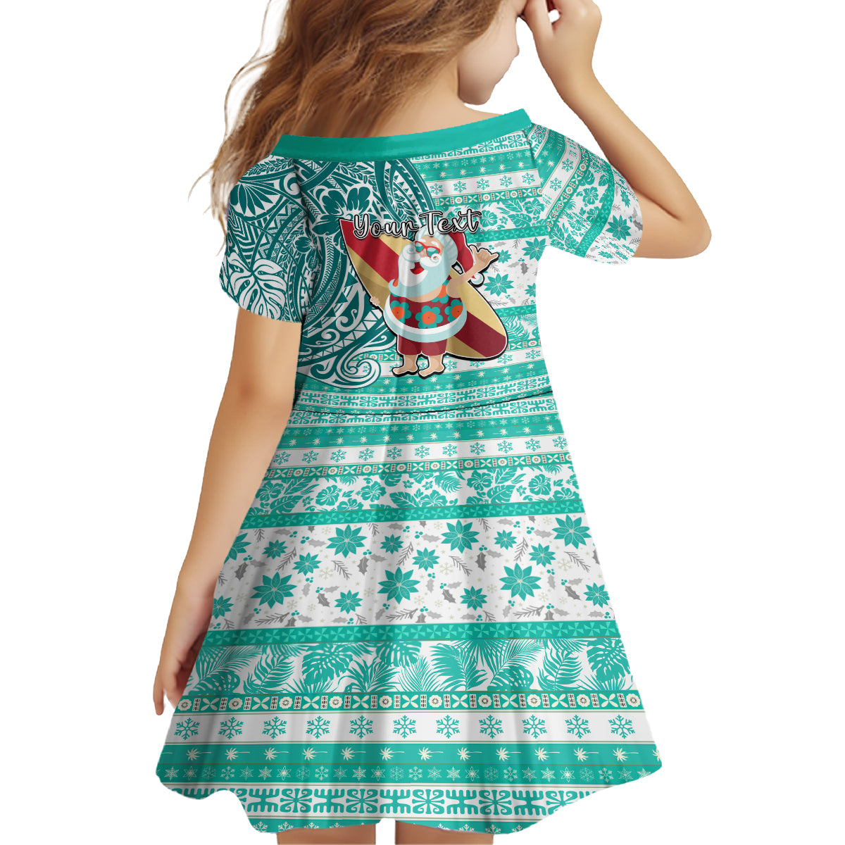Custom Hawaii Mele Kalikimaka Kid Short Sleeve Dress Santa Claus Surfing with Hawaiian Pattern Striped Turquoise Style LT03 - Polynesian Pride