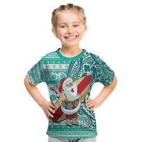 Custom Hawaii Mele Kalikimaka Kid T Shirt Santa Claus Surfing with Hawaiian Pattern Striped Turquoise Style LT03 Turquoise - Polynesian Pride