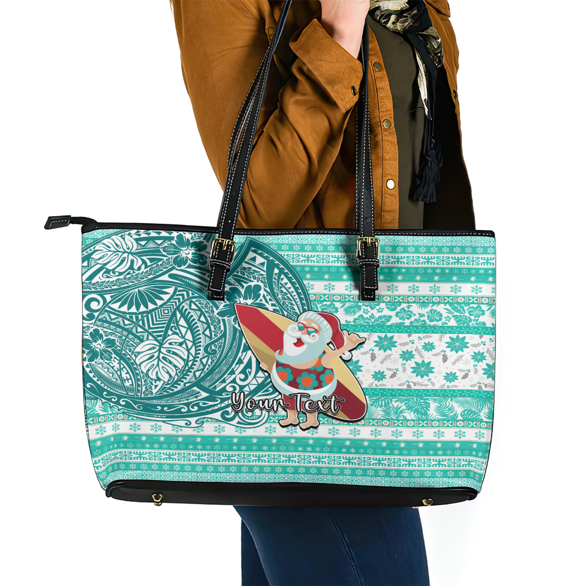 Custom Hawaii Mele Kalikimaka Leather Tote Bag Santa Claus Surfing with Hawaiian Pattern Striped Turquoise Style LT03 - Polynesian Pride