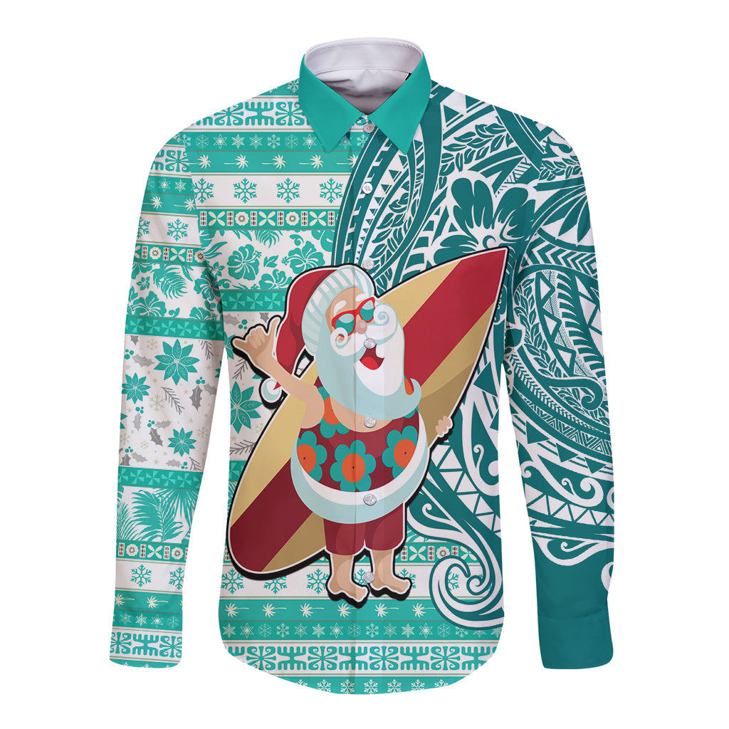 Custom Hawaii Mele Kalikimaka Long Sleeve Button Shirt Santa Claus Surfing with Hawaiian Pattern Striped Turquoise Style LT03 Unisex Turquoise - Polynesian Pride