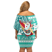 Custom Hawaii Mele Kalikimaka Off Shoulder Short Dress Santa Claus Surfing with Hawaiian Pattern Striped Turquoise Style LT03 - Polynesian Pride