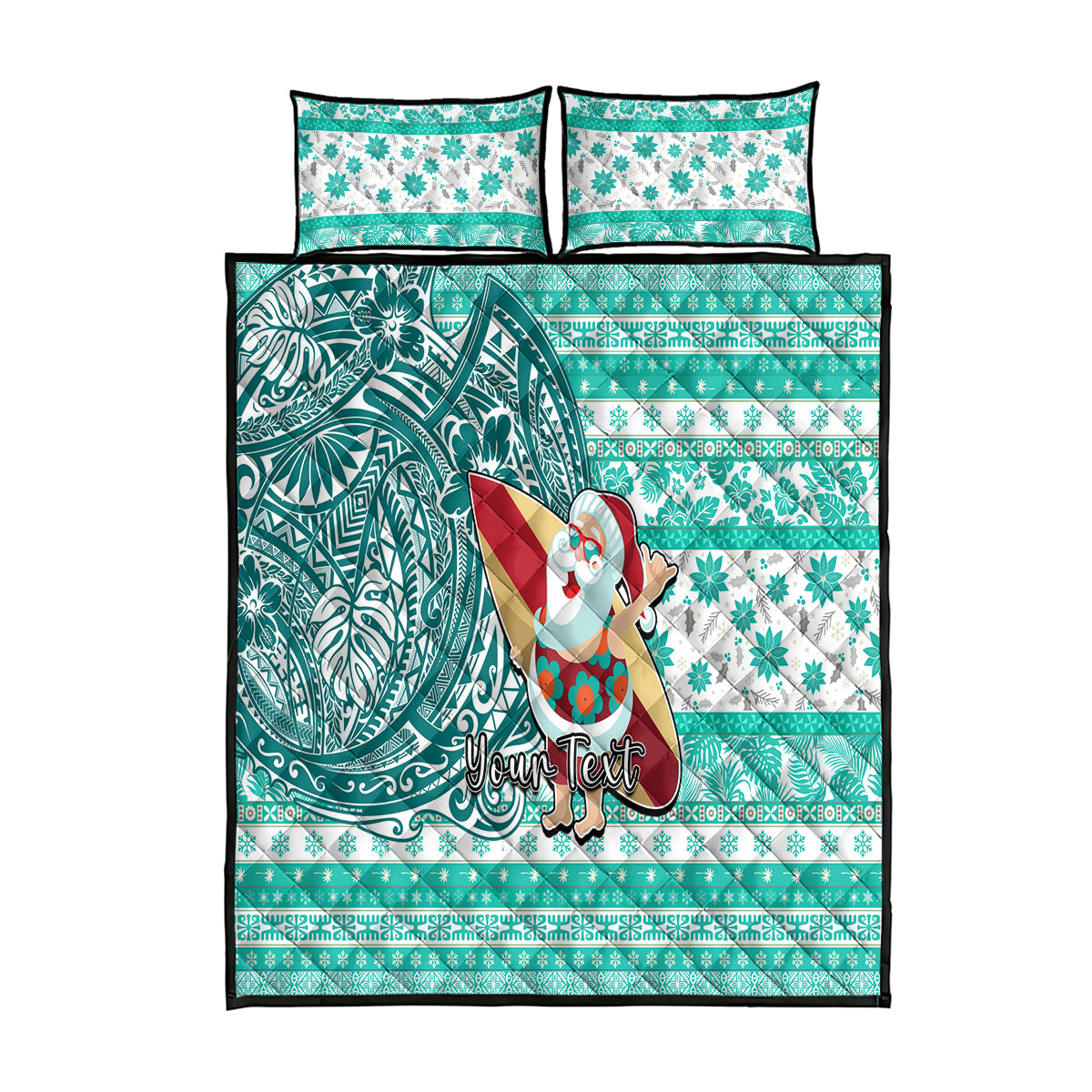 Custom Hawaii Mele Kalikimaka Quilt Bed Set Santa Claus Surfing with Hawaiian Pattern Striped Turquoise Style LT03 Turquoise - Polynesian Pride