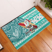 Custom Hawaii Mele Kalikimaka Rubber Doormat Santa Claus Surfing with Hawaiian Pattern Striped Turquoise Style LT03 Turquoise - Polynesian Pride
