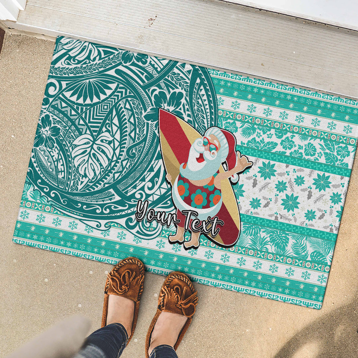 Custom Hawaii Mele Kalikimaka Rubber Doormat Santa Claus Surfing with Hawaiian Pattern Striped Turquoise Style LT03 - Polynesian Pride