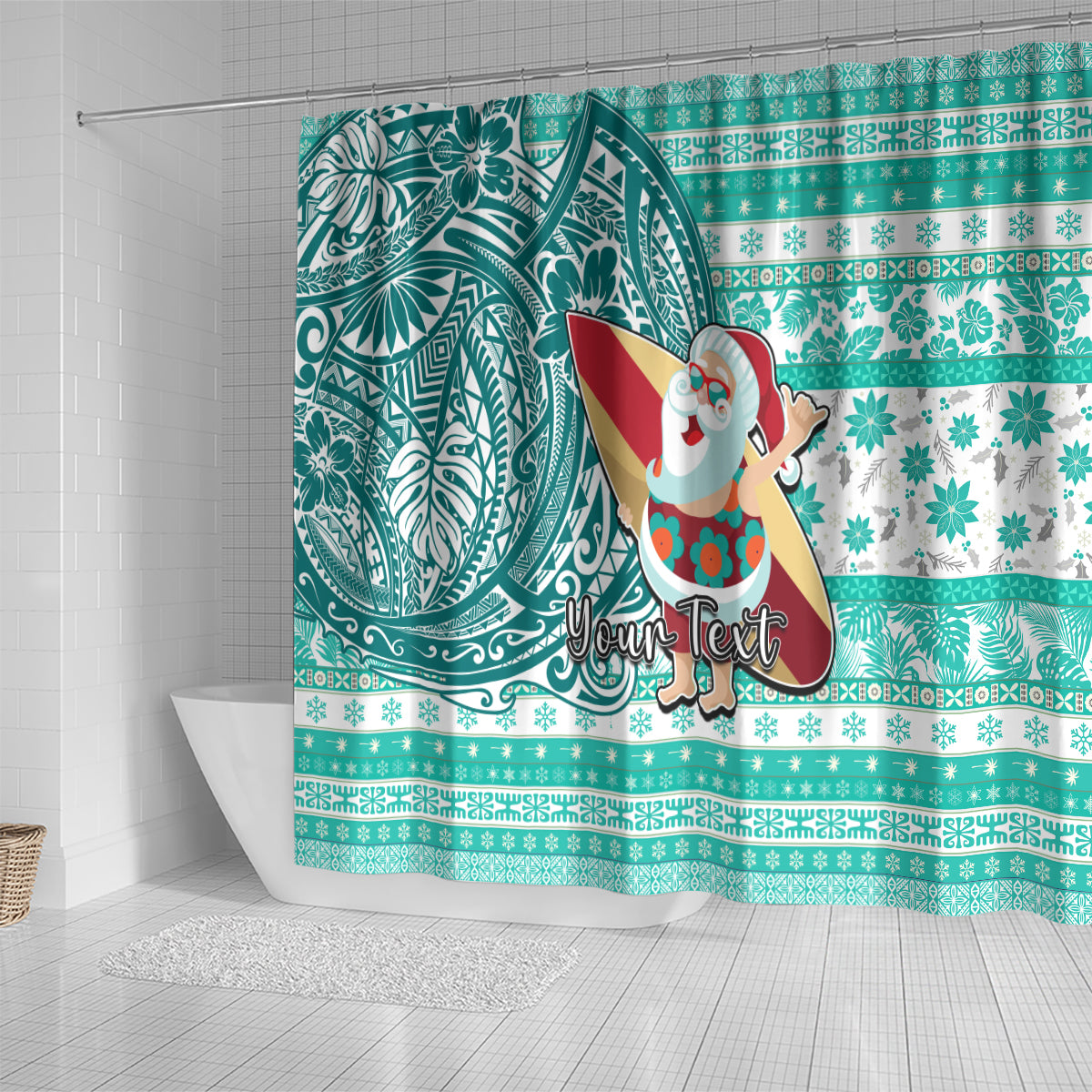 Custom Hawaii Mele Kalikimaka Shower Curtain Santa Claus Surfing with Hawaiian Pattern Striped Turquoise Style LT03 - Polynesian Pride