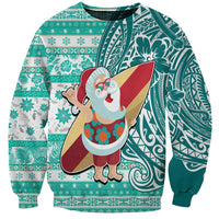 Custom Hawaii Mele Kalikimaka Sweatshirt Santa Claus Surfing with Hawaiian Pattern Striped Turquoise Style LT03 Unisex Turquoise - Polynesian Pride