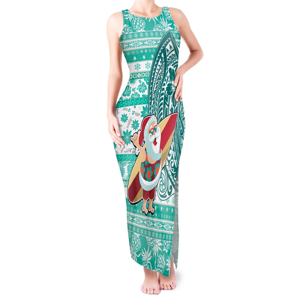 Custom Hawaii Mele Kalikimaka Tank Maxi Dress Santa Claus Surfing with Hawaiian Pattern Striped Turquoise Style LT03 Women Turquoise - Polynesian Pride