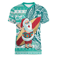 Custom Hawaii Mele Kalikimaka Women V Neck T Shirt Santa Claus Surfing with Hawaiian Pattern Striped Turquoise Style LT03 Female Turquoise - Polynesian Pride