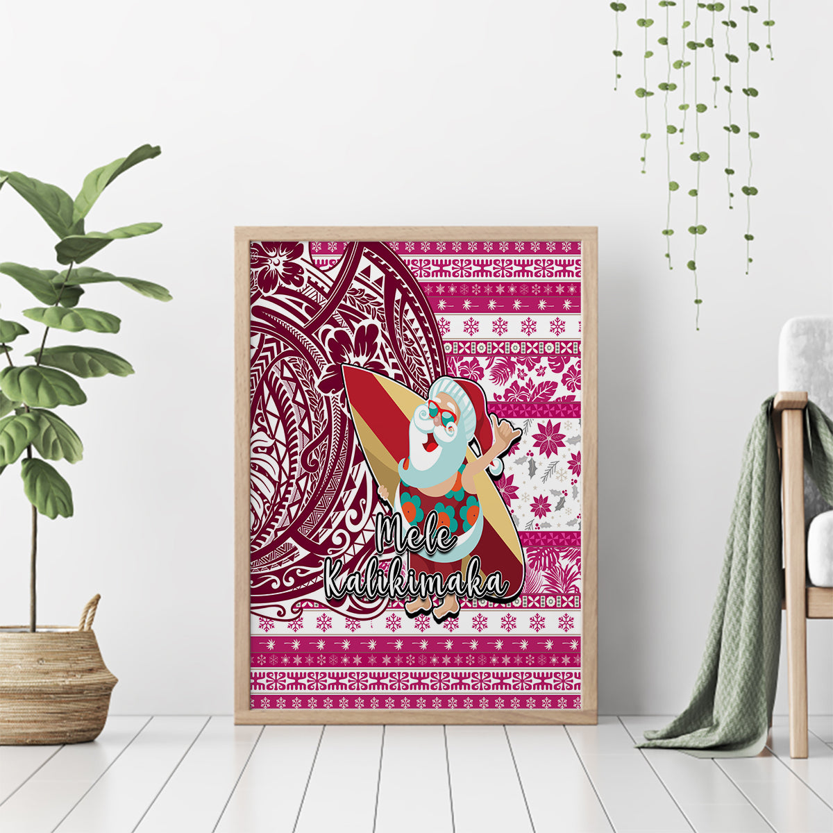 Hawaii Mele Kalikimaka Canvas Wall Art Santa Claus Surfing with Hawaiian Pattern Striped Pink Style LT03 - Polynesian Pride