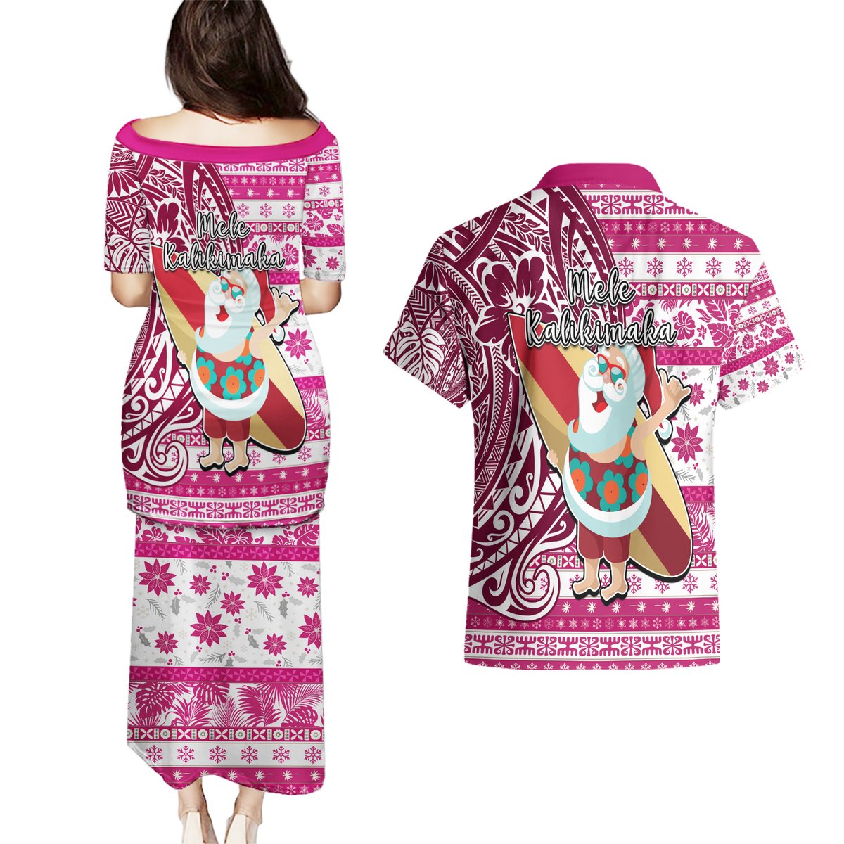 Hawaii Mele Kalikimaka Couples Matching Puletasi Dress and Hawaiian Shirt Santa Claus Surfing with Hawaiian Pattern Striped Pink Style LT03 - Polynesian Pride