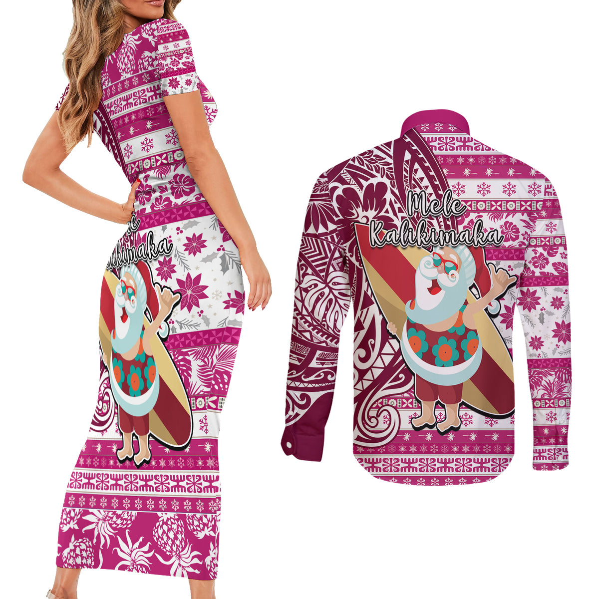 Hawaii Mele Kalikimaka Couples Matching Short Sleeve Bodycon Dress and Long Sleeve Button Shirt Santa Claus Surfing with Hawaiian Pattern Striped Pink Style LT03 - Polynesian Pride