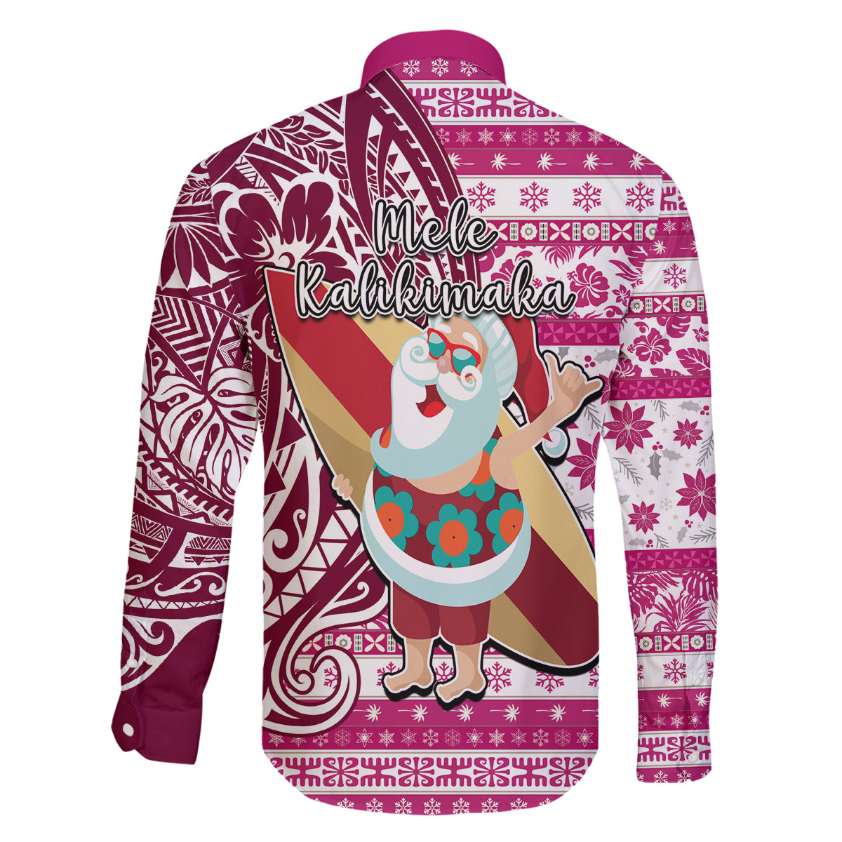 Hawaii Mele Kalikimaka Family Matching Long Sleeve Bodycon Dress and Hawaiian Shirt Santa Claus Surfing with Hawaiian Pattern Striped Pink Style LT03 - Polynesian Pride