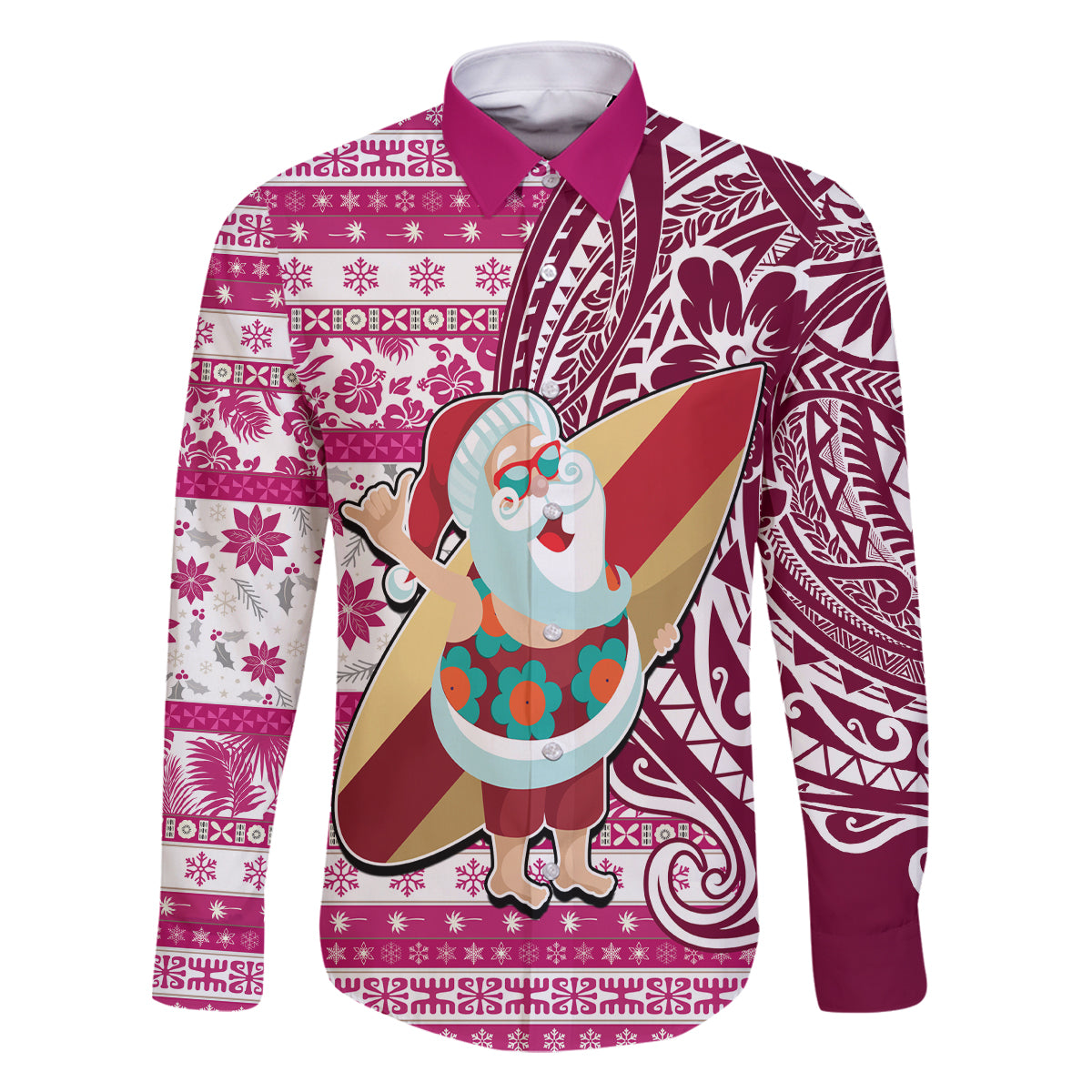 Hawaii Mele Kalikimaka Family Matching Mermaid Dress and Hawaiian Shirt Santa Claus Surfing with Hawaiian Pattern Striped Pink Style LT03 Dad's Shirt - Long Sleeve Pink - Polynesian Pride