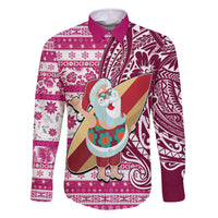 Hawaii Mele Kalikimaka Family Matching Off Shoulder Long Sleeve Dress and Hawaiian Shirt Santa Claus Surfing with Hawaiian Pattern Striped Pink Style LT03 Dad's Shirt - Long Sleeve Pink - Polynesian Pride