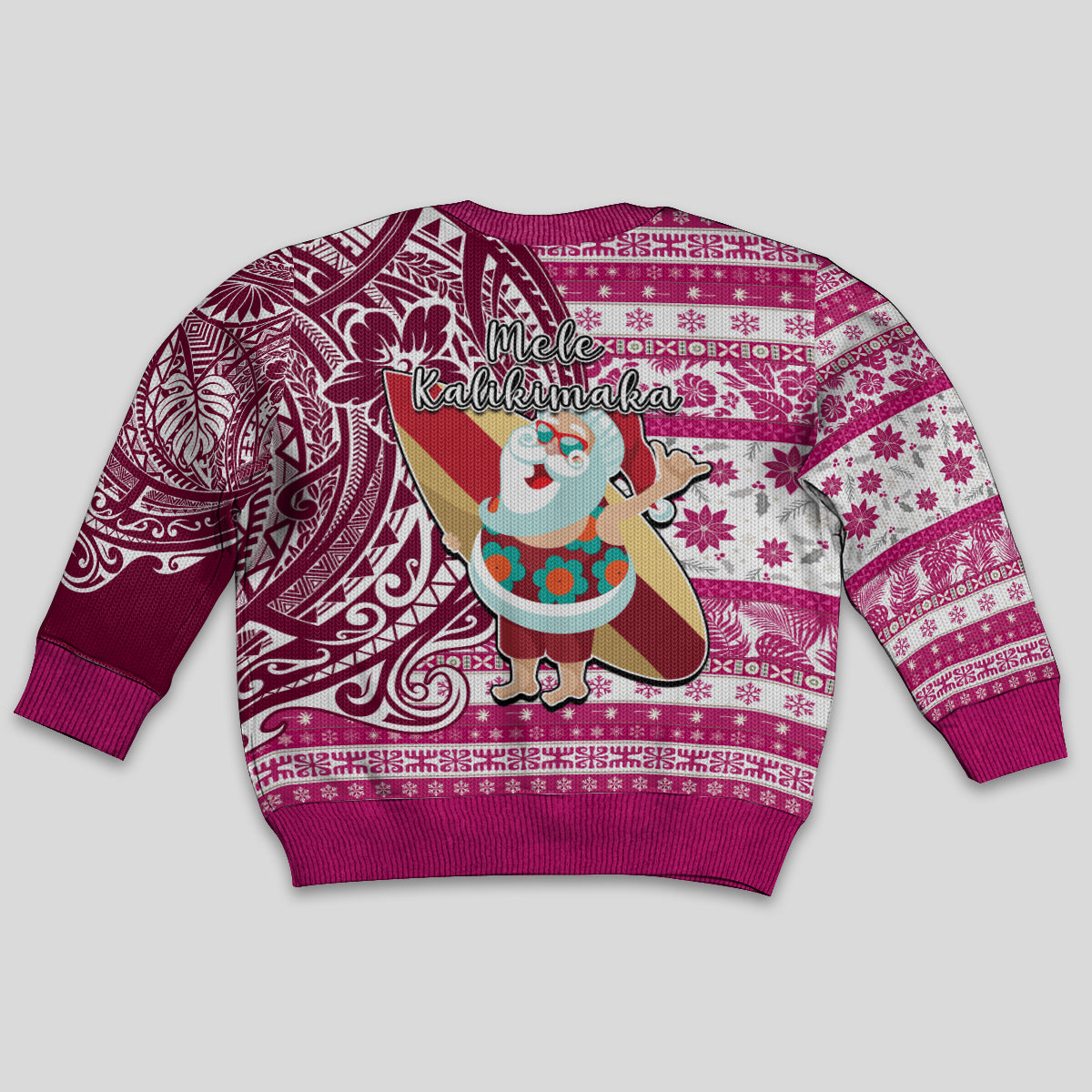 Hawaii Mele Kalikimaka Kid Ugly Christmas Sweater Santa Claus Surfing with Hawaiian Pattern Striped Pink Style LT03 - Polynesian Pride